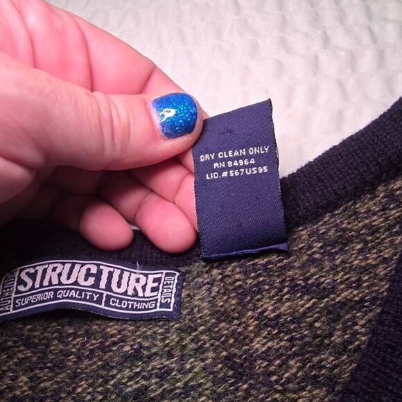 STRUCTURE Sweater Vest Men L vneck 90s y2k 100% Wool Dadcore Grandpa teacher - Picture 3 of 5